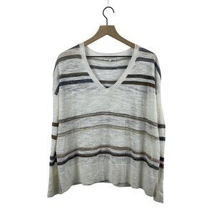 White + Warren Women's Medium Linen Blend Striped V Neck Beachy Long Sleeve Top